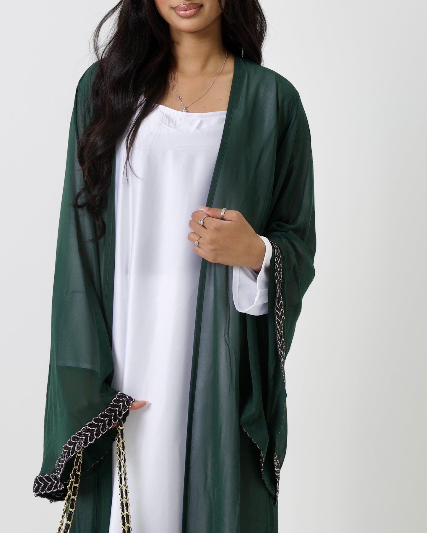 Georgina abaya| DARK GREEN (satin inner & green chiffon scarf included)