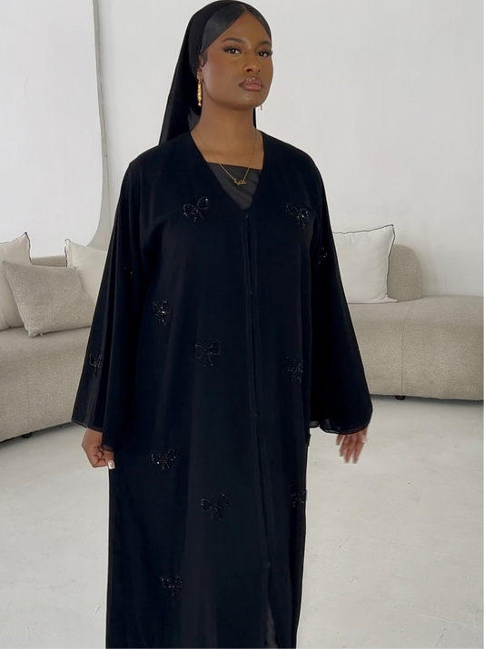 Cherry abaya with matching chiffon scarf | BLACK