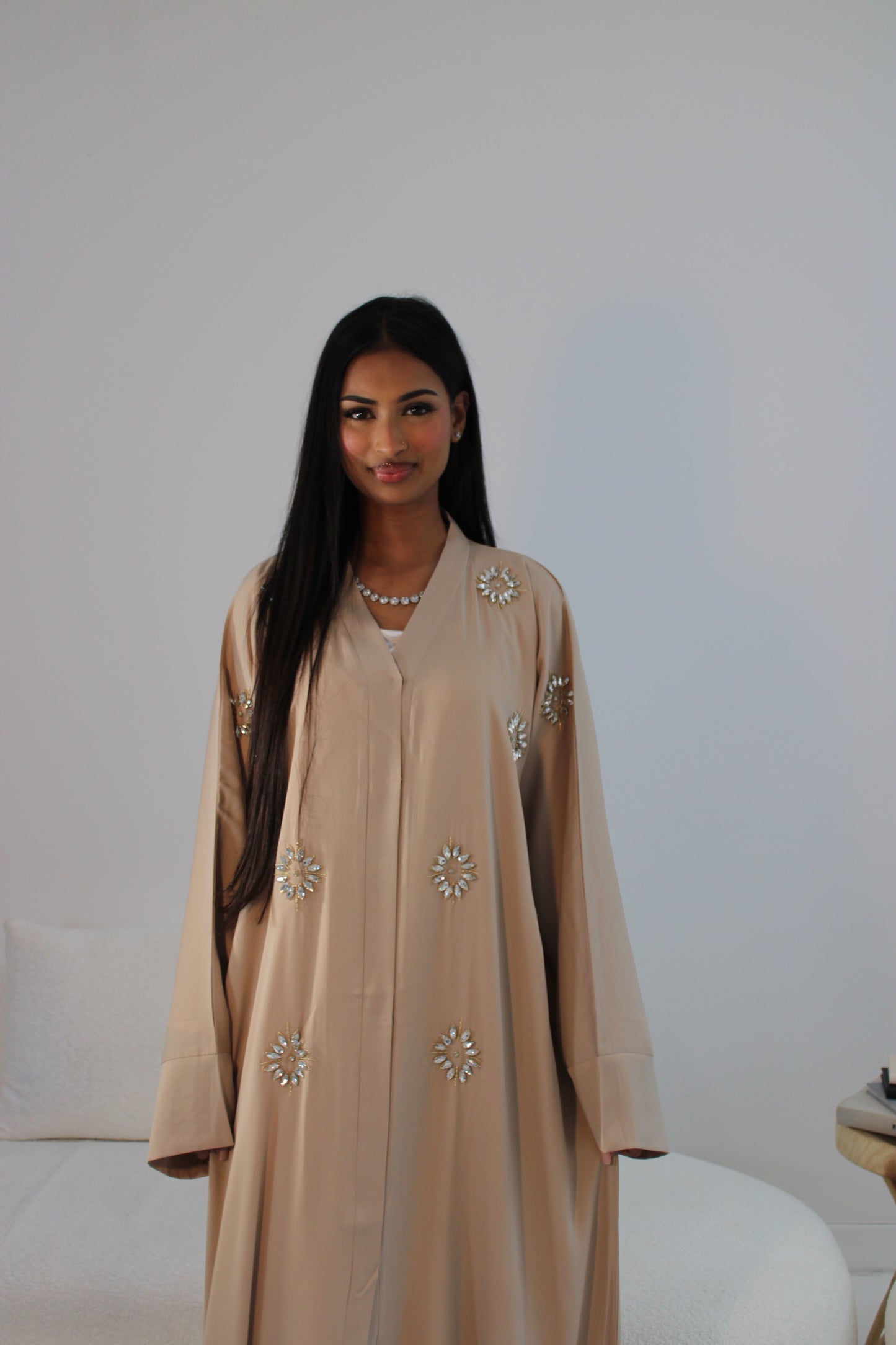 Marieme Abaya in "Sand" with chiffon scarf