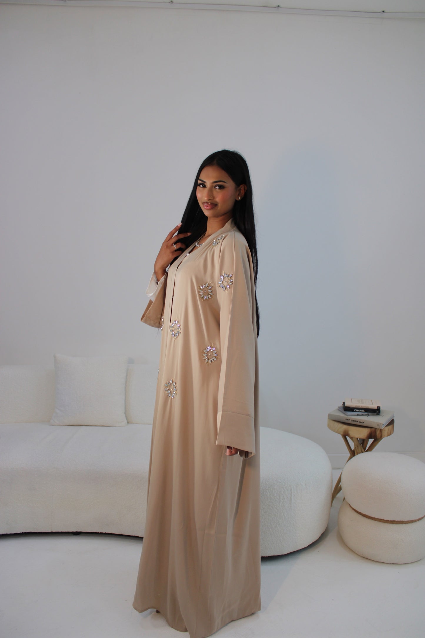 Marieme Abaya in "Sand" with chiffon scarf