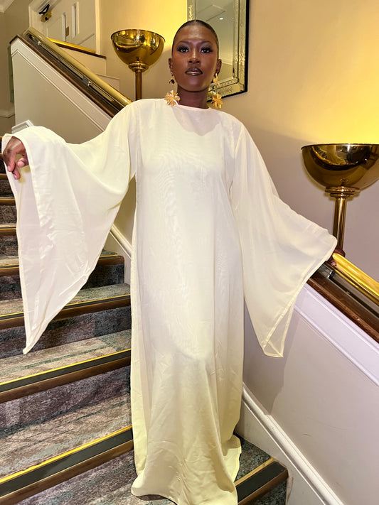 Golden Aura Wide Sleeve double chiffon Abaya Dress| BUTTER YELLOW (no hijab)
